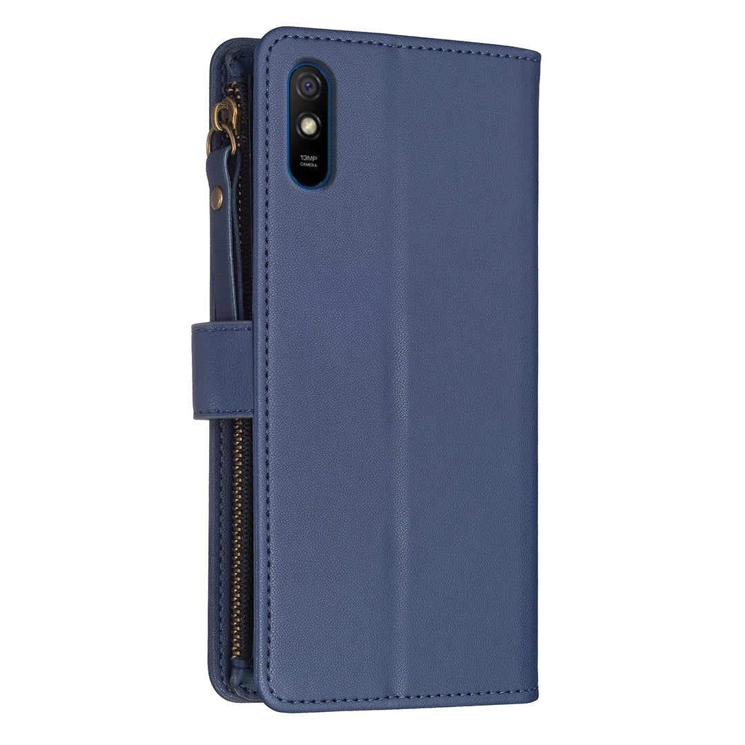 Xiaomi Redmi 9A Leather Flip Phone Case with Zipper Wallet and 9 Card Slots, Durable PU + TPU Material