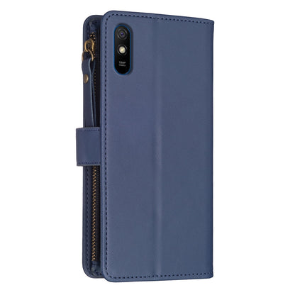 Xiaomi Redmi 9A Leather Flip Phone Case with Zipper Wallet and 9 Card Slots, Durable PU + TPU Material