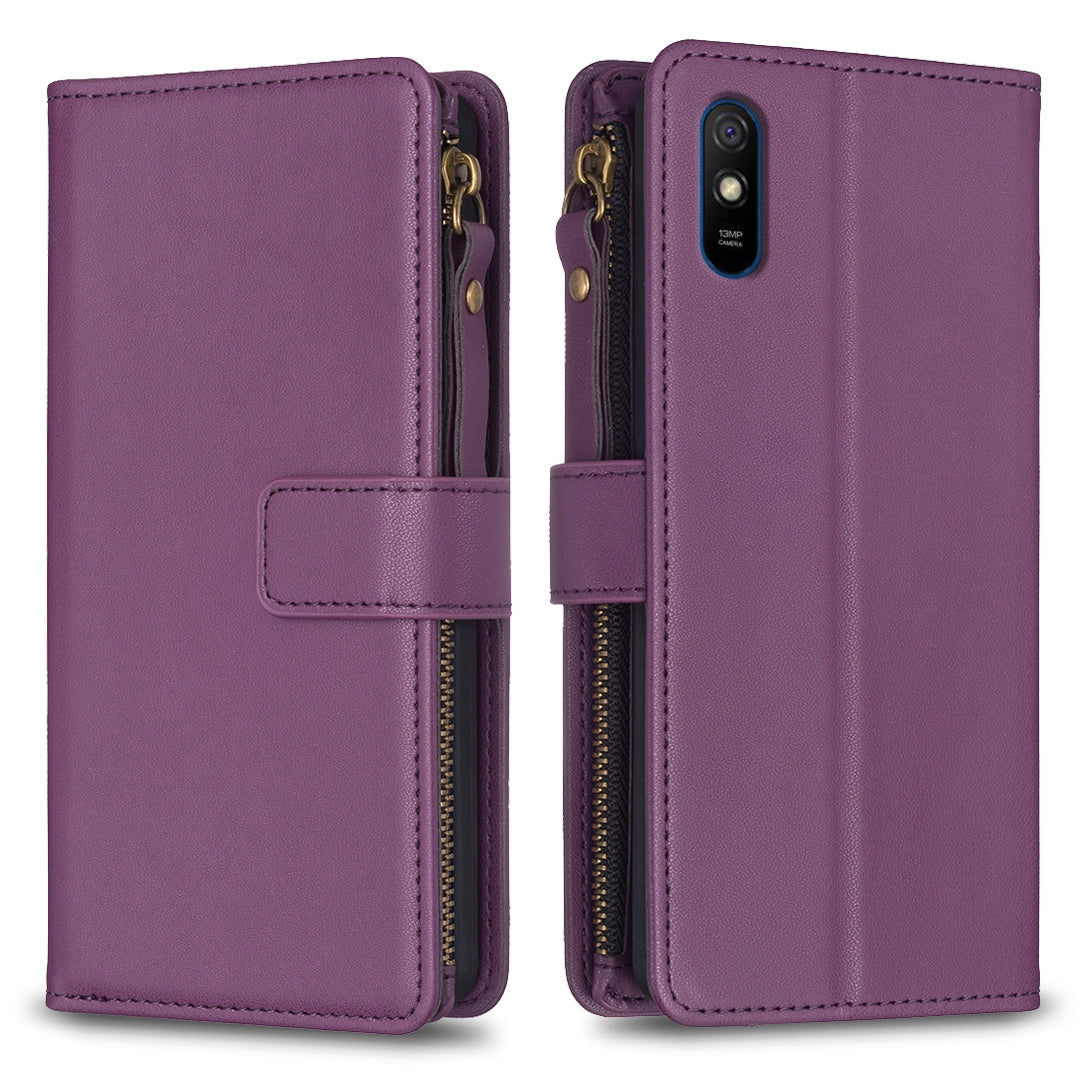 Xiaomi Redmi 9A Leather Flip Phone Case with Zipper Wallet and 9 Card Slots, Durable PU + TPU Material