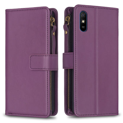 Xiaomi Redmi 9A Leather Flip Phone Case with Zipper Wallet and 9 Card Slots, Durable PU + TPU Material