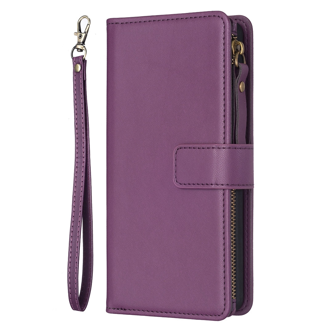 Xiaomi Redmi 9A Leather Flip Phone Case with Zipper Wallet and 9 Card Slots, Durable PU + TPU Material