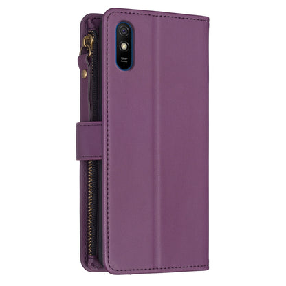 Xiaomi Redmi 9A Leather Flip Phone Case with Zipper Wallet and 9 Card Slots, Durable PU + TPU Material