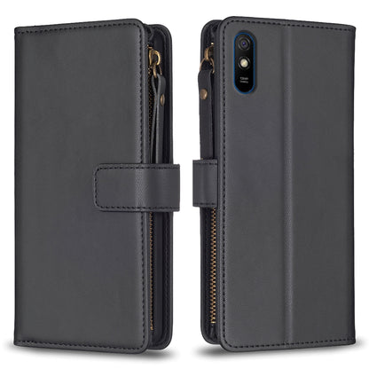 Xiaomi Redmi 9A Leather Flip Phone Case with Zipper Wallet and 9 Card Slots, Durable PU + TPU Material