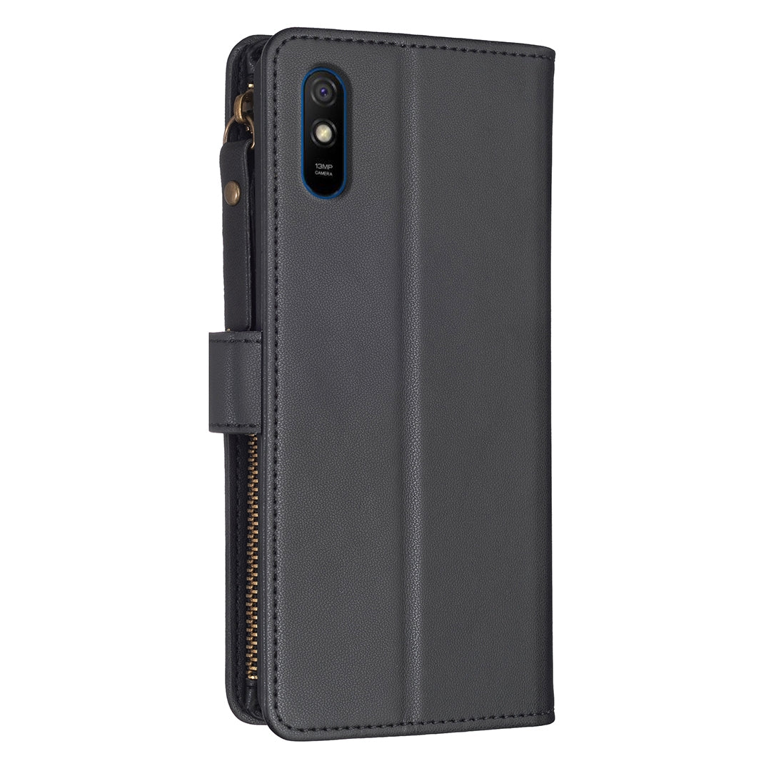 Xiaomi Redmi 9A Leather Flip Phone Case with Zipper Wallet and 9 Card Slots, Durable PU + TPU Material