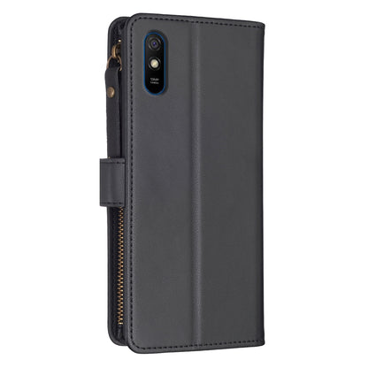 Xiaomi Redmi 9A Leather Flip Phone Case with Zipper Wallet and 9 Card Slots, Durable PU + TPU Material