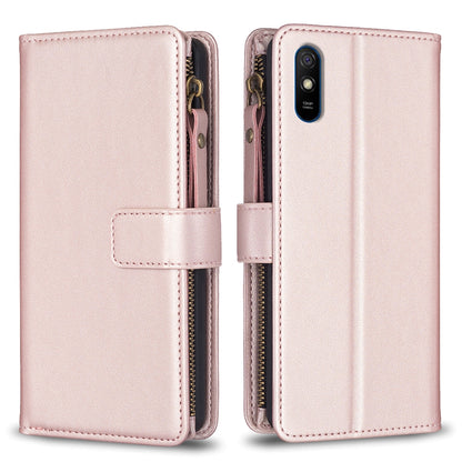 Xiaomi Redmi 9A Leather Flip Phone Case with Zipper Wallet and 9 Card Slots, Durable PU + TPU Material