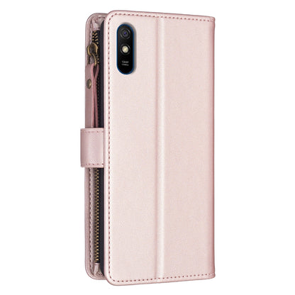 Xiaomi Redmi 9A Leather Flip Phone Case with Zipper Wallet and 9 Card Slots, Durable PU + TPU Material