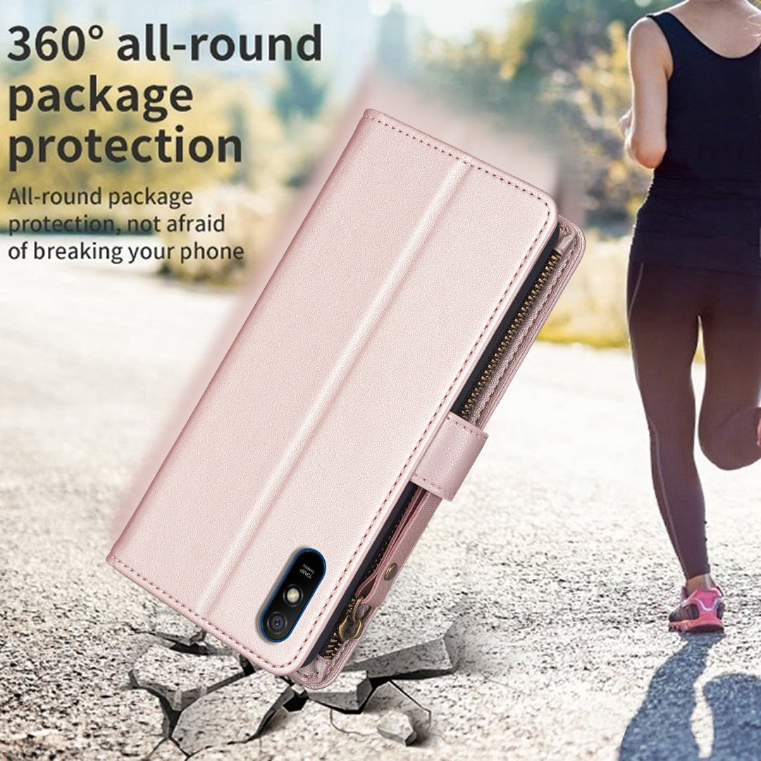 Xiaomi Redmi 9A Leather Flip Phone Case with Zipper Wallet and 9 Card Slots, Durable PU + TPU Material