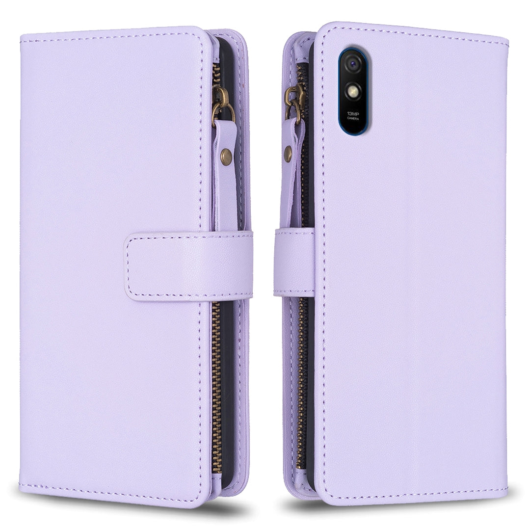 Xiaomi Redmi 9A Leather Flip Phone Case with Zipper Wallet and 9 Card Slots, Durable PU + TPU Material