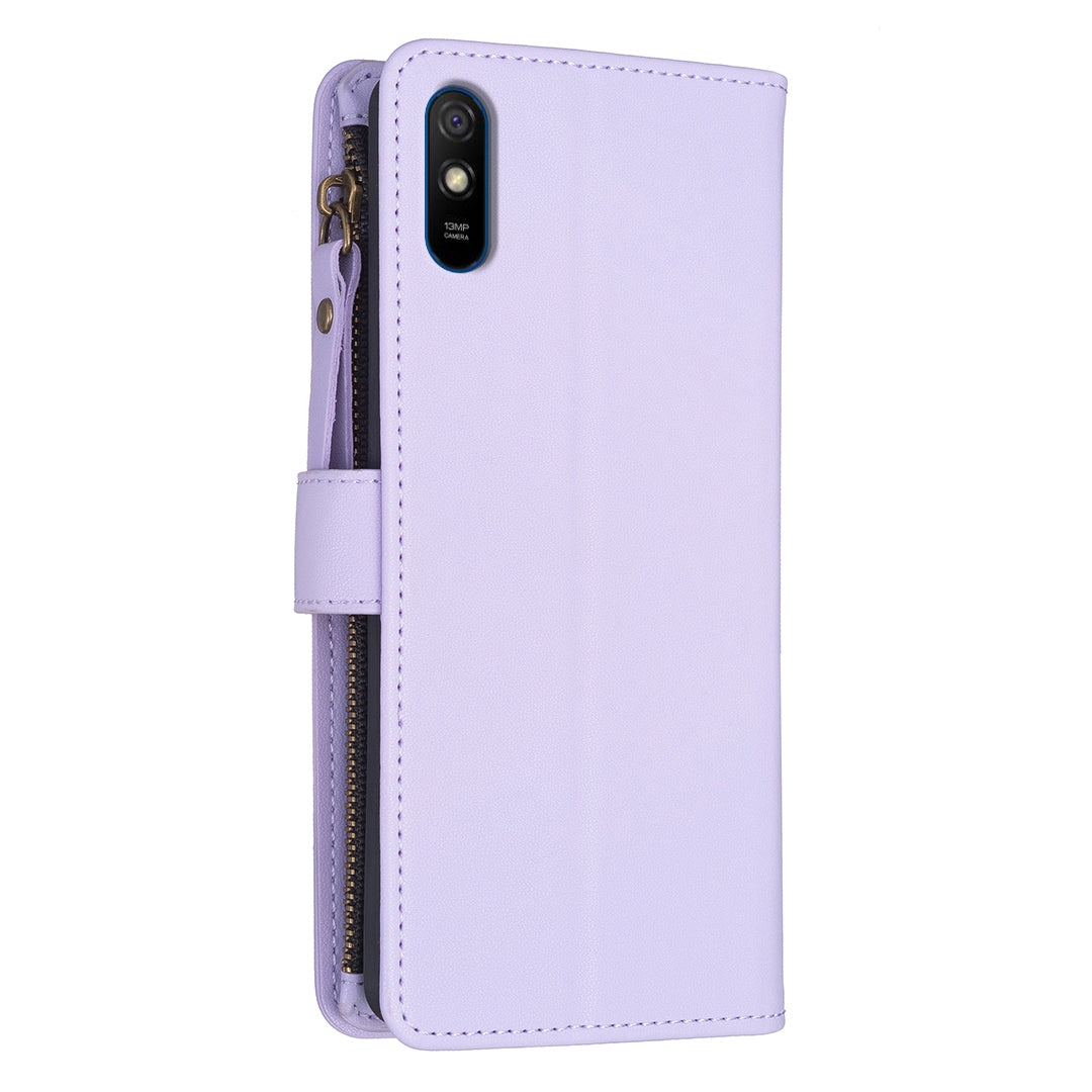 Xiaomi Redmi 9A Leather Flip Phone Case with Zipper Wallet and 9 Card Slots, Durable PU + TPU Material