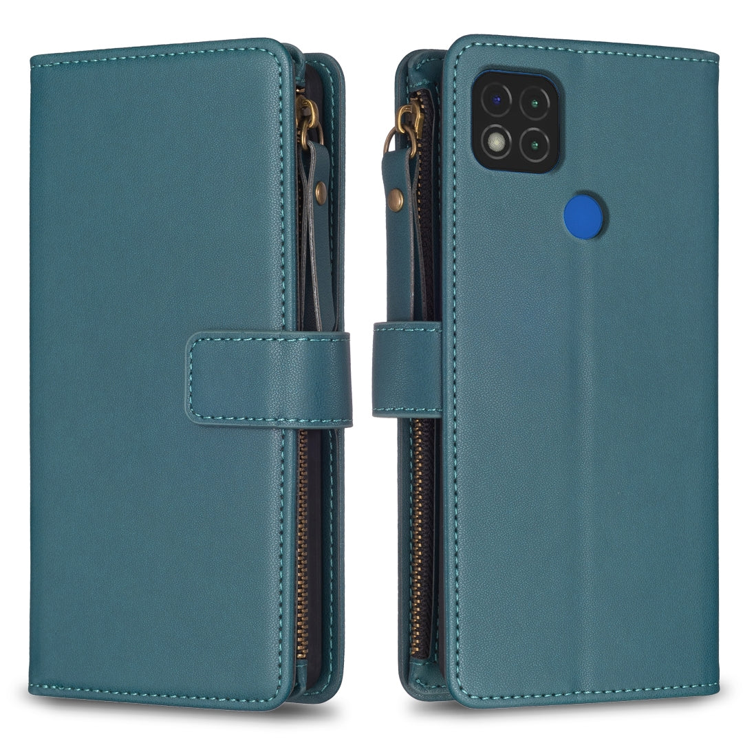 Xiaomi Redmi 9C Leather Flip Phone Case with Zipper Wallet and 9 Card Slots, Durable PU + TPU Material