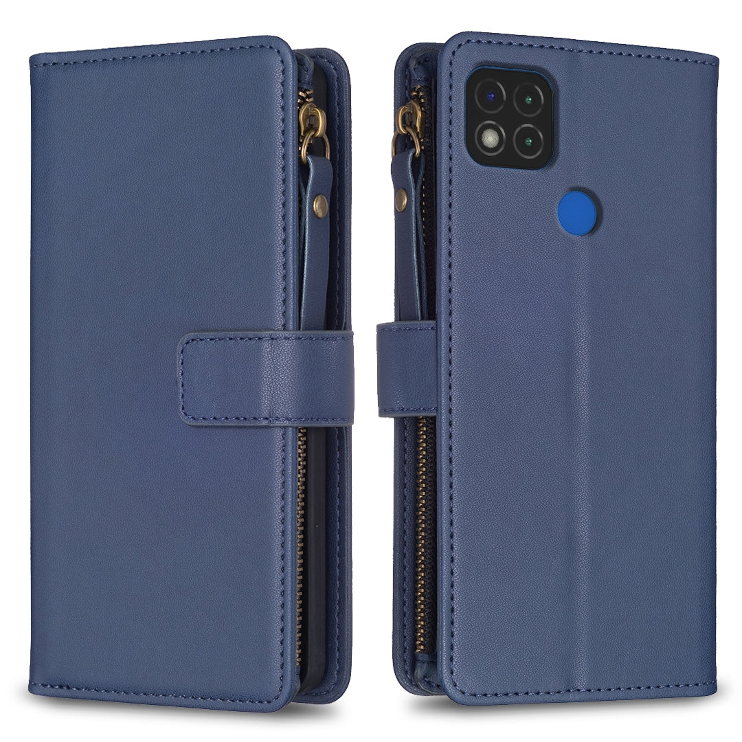 Xiaomi Redmi 9C Leather Flip Phone Case with Zipper Wallet and 9 Card Slots, Durable PU + TPU Material