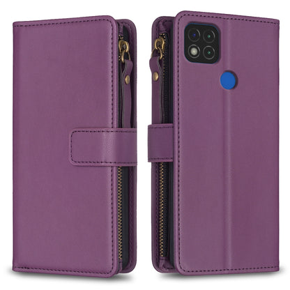 Xiaomi Redmi 9C Leather Flip Phone Case with Zipper Wallet and 9 Card Slots, Durable PU + TPU Material