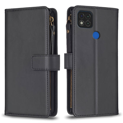 Xiaomi Redmi 9C Leather Flip Phone Case with Zipper Wallet and 9 Card Slots, Durable PU + TPU Material