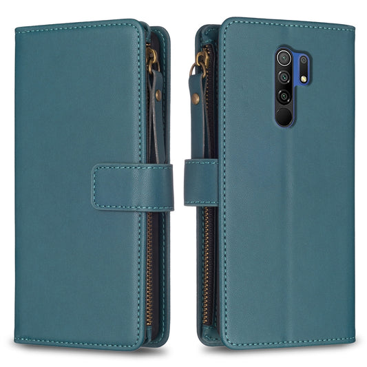 Xiaomi Redmi 9 Leather Flip Phone Case with Zipper Wallet and 9 Card Slots, Durable PU + TPU Material