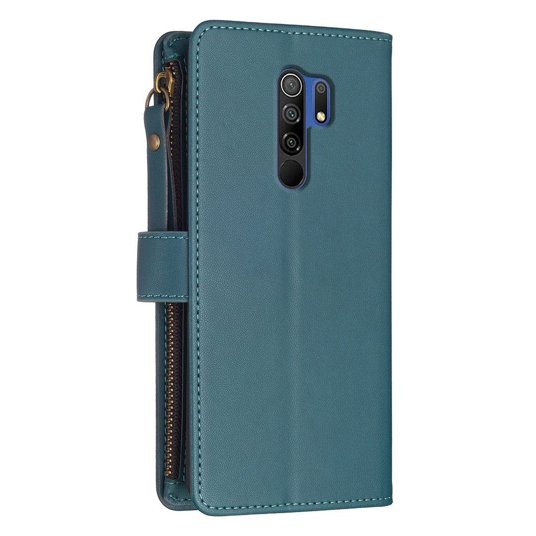 Xiaomi Redmi 9 Leather Flip Phone Case with Zipper Wallet and 9 Card Slots, Durable PU + TPU Material