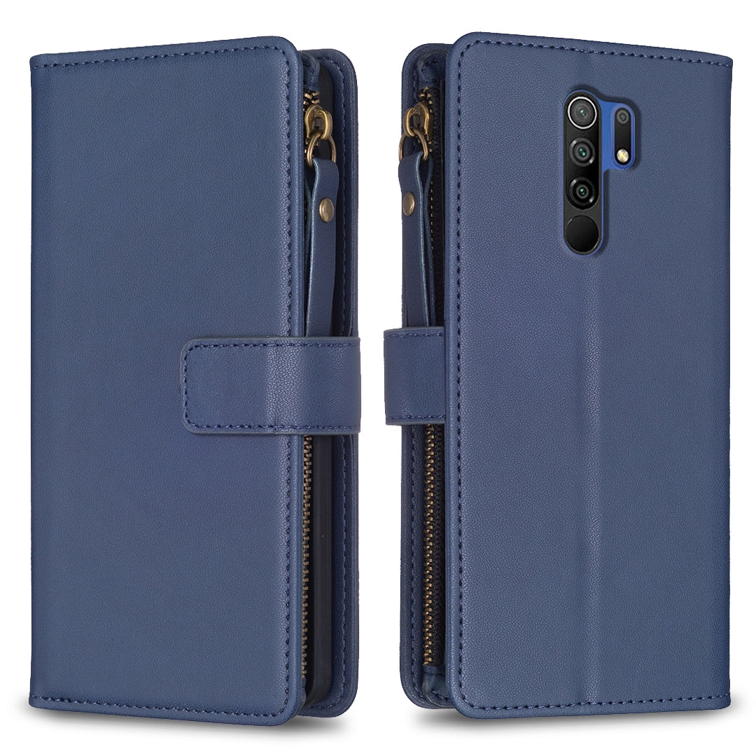 Xiaomi Redmi 9 Leather Flip Phone Case with Zipper Wallet and 9 Card Slots, Durable PU + TPU Material