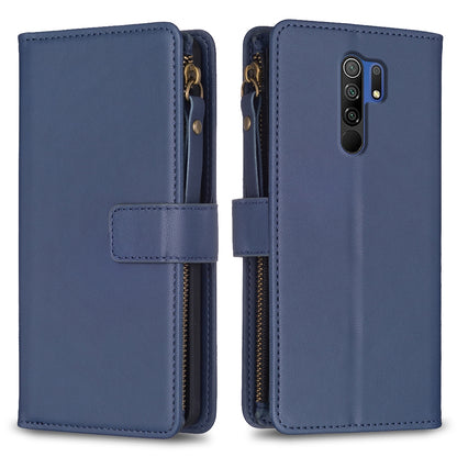 Xiaomi Redmi 9 Leather Flip Phone Case with Zipper Wallet and 9 Card Slots, Durable PU + TPU Material