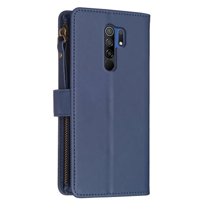 Xiaomi Redmi 9 Leather Flip Phone Case with Zipper Wallet and 9 Card Slots, Durable PU + TPU Material