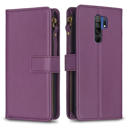 Xiaomi Redmi 9 Leather Flip Phone Case with Zipper Wallet and 9 Card Slots, Durable PU + TPU Material