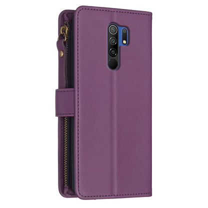 Xiaomi Redmi 9 Leather Flip Phone Case with Zipper Wallet and 9 Card Slots, Durable PU + TPU Material