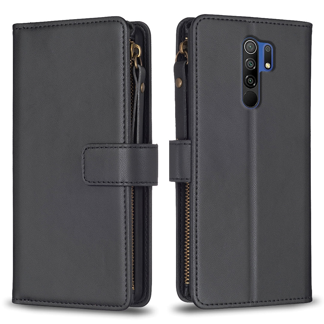 Xiaomi Redmi 9 Leather Flip Phone Case with Zipper Wallet and 9 Card Slots, Durable PU + TPU Material