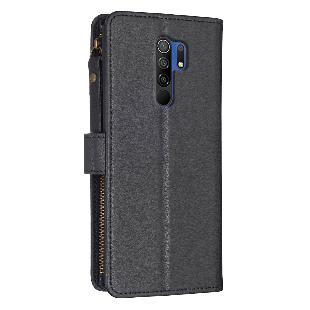 Xiaomi Redmi 9 Leather Flip Phone Case with Zipper Wallet and 9 Card Slots, Durable PU + TPU Material