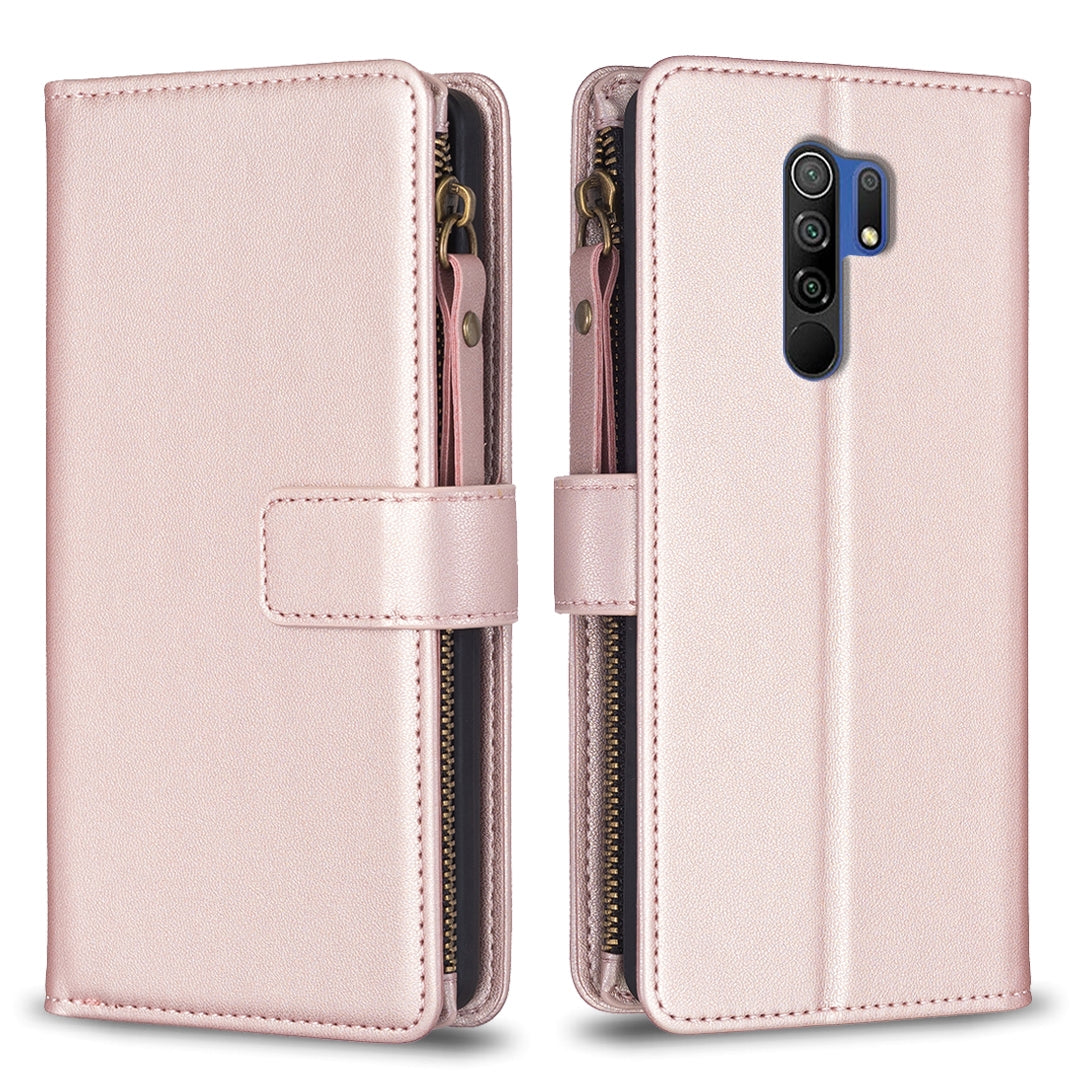 Xiaomi Redmi 9 Leather Flip Phone Case with Zipper Wallet and 9 Card Slots, Durable PU + TPU Material