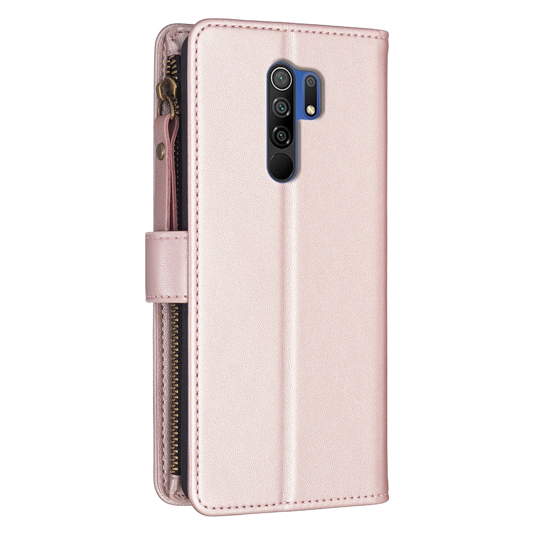 Xiaomi Redmi 9 Leather Flip Phone Case with Zipper Wallet and 9 Card Slots, Durable PU + TPU Material