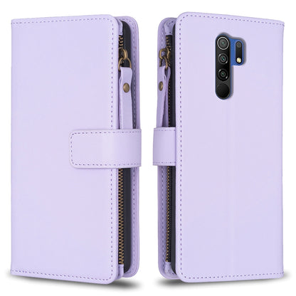 Xiaomi Redmi 9 Leather Flip Phone Case with Zipper Wallet and 9 Card Slots, Durable PU + TPU Material