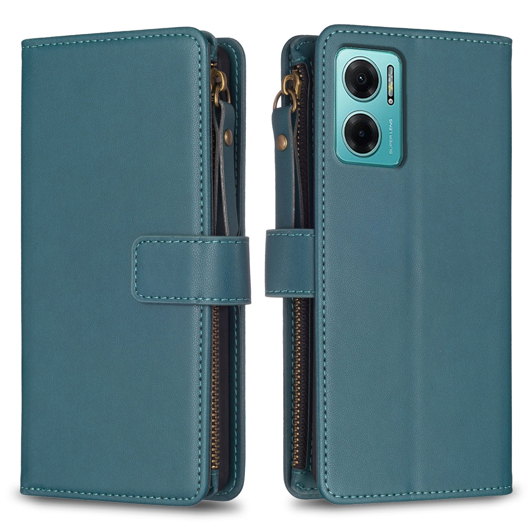 Xiaomi Redmi 10 5G Leather Flip Phone Case with Zipper Wallet and 9 Card Slots, Durable PU + TPU Material