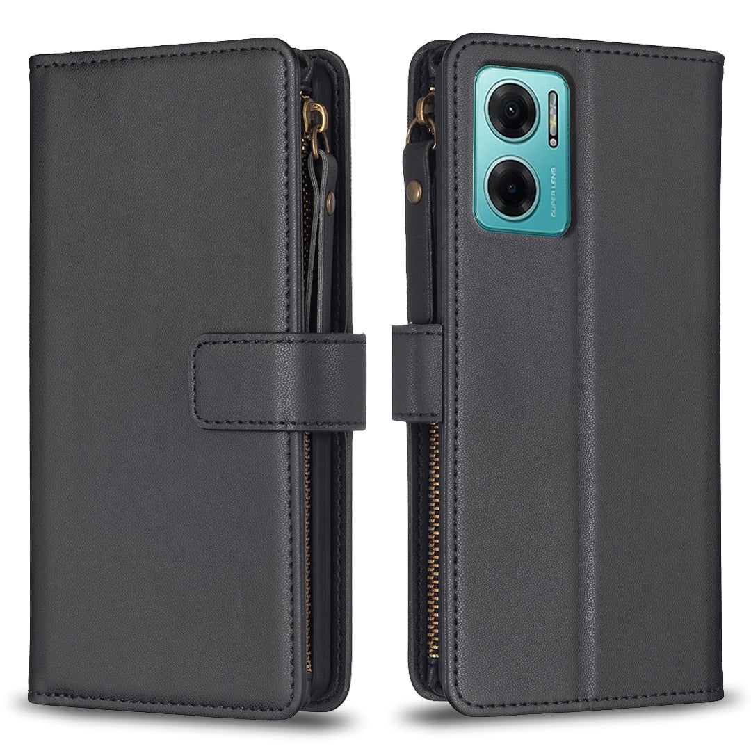 Xiaomi Redmi 10 5G Leather Flip Phone Case with Zipper Wallet and 9 Card Slots, Durable PU + TPU Material