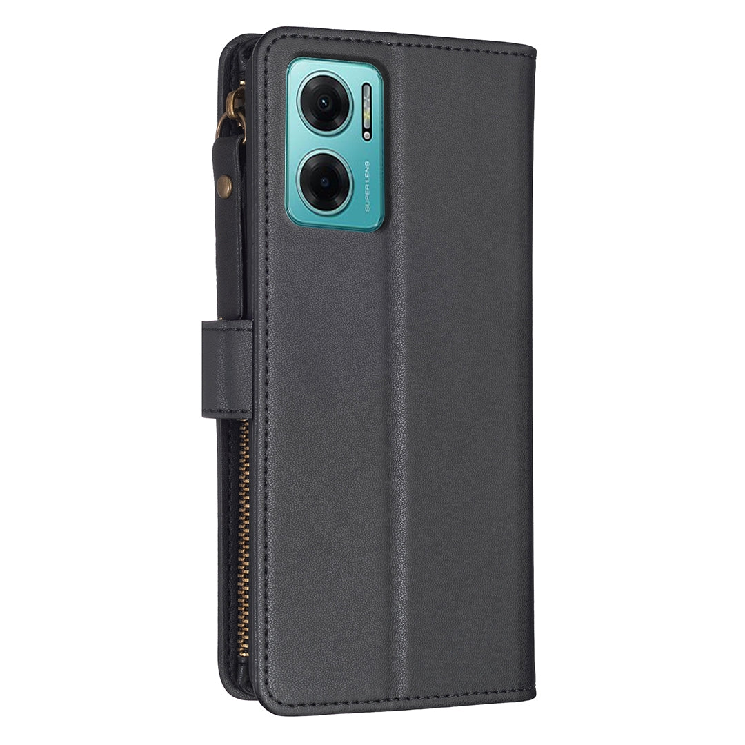 Xiaomi Redmi 10 5G Leather Flip Phone Case with Zipper Wallet and 9 Card Slots, Durable PU + TPU Material