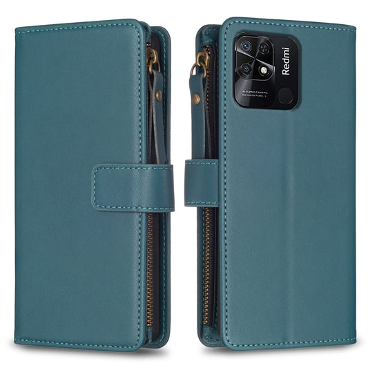 Xiaomi Redmi 10C Leather Flip Phone Case with Zipper Wallet and 9 Card Slots, Durable PU + TPU Material