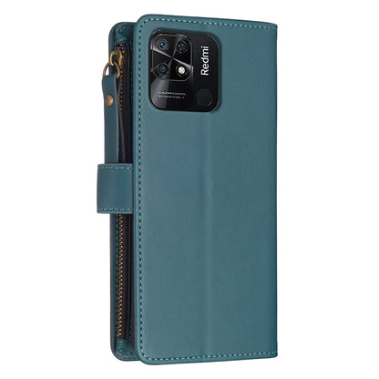 Xiaomi Redmi 10C Leather Flip Phone Case with Zipper Wallet and 9 Card Slots, Durable PU + TPU Material