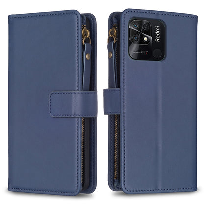 Xiaomi Redmi 10C Leather Flip Phone Case with Zipper Wallet and 9 Card Slots, Durable PU + TPU Material