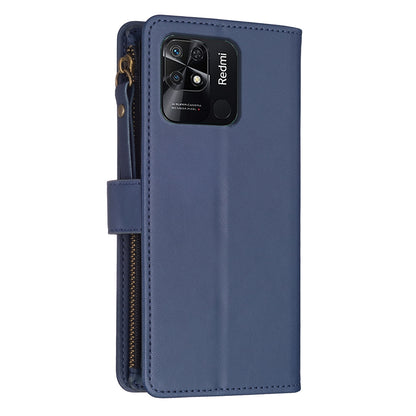 Xiaomi Redmi 10C Leather Flip Phone Case with Zipper Wallet and 9 Card Slots, Durable PU + TPU Material