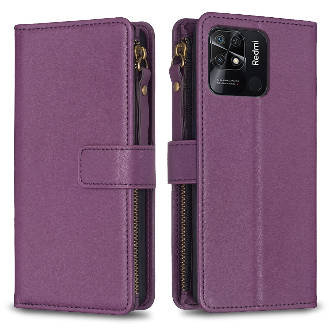 Xiaomi Redmi 10C Leather Flip Phone Case with Zipper Wallet and 9 Card Slots, Durable PU + TPU Material