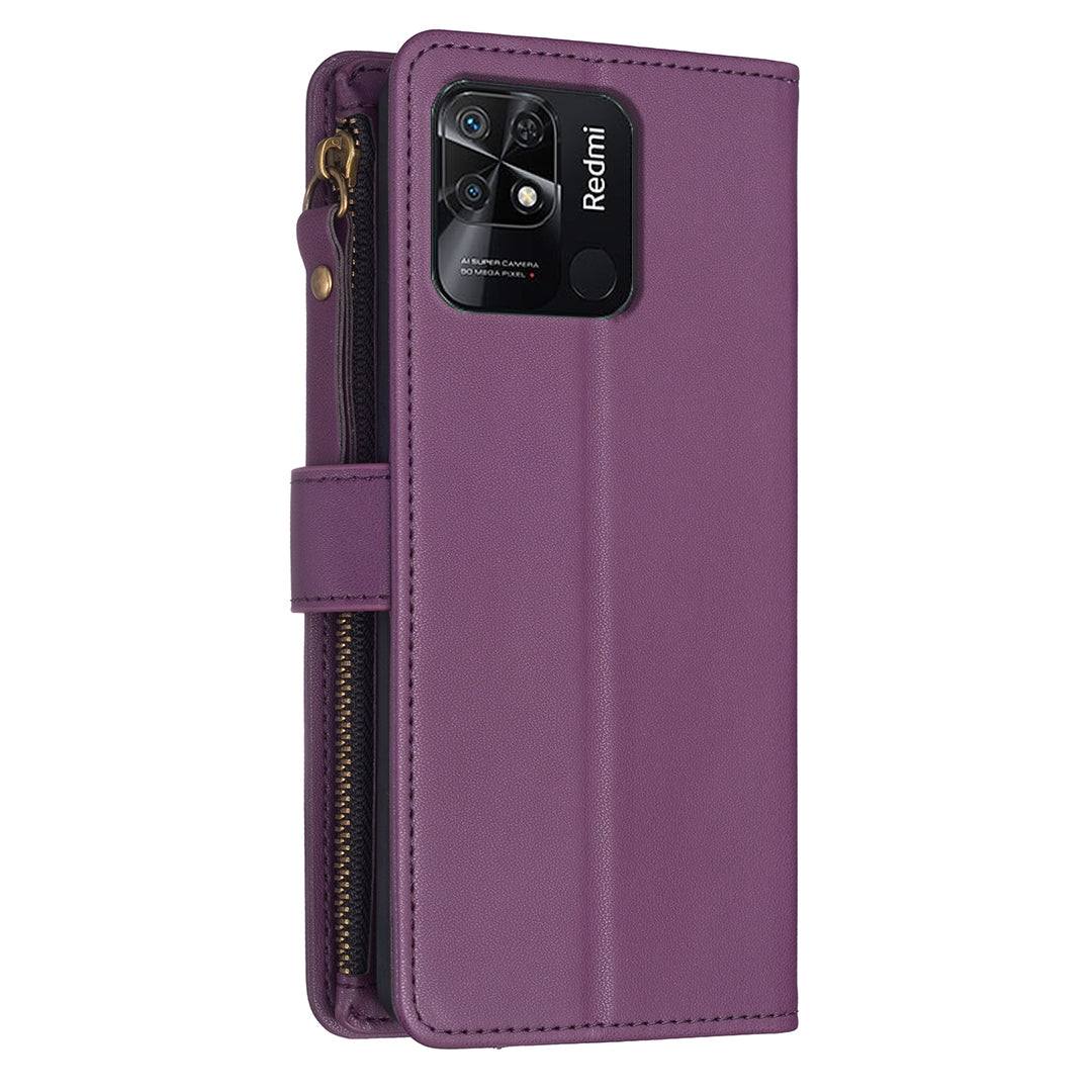 Xiaomi Redmi 10C Leather Flip Phone Case with Zipper Wallet and 9 Card Slots, Durable PU + TPU Material