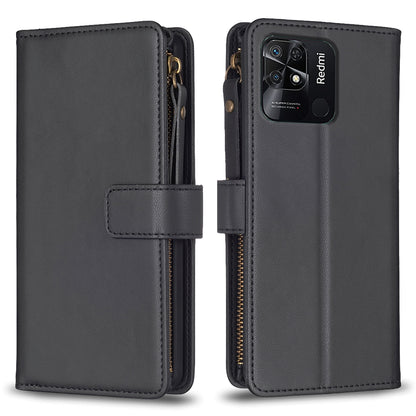 Xiaomi Redmi 10C Leather Flip Phone Case with Zipper Wallet and 9 Card Slots, Durable PU + TPU Material