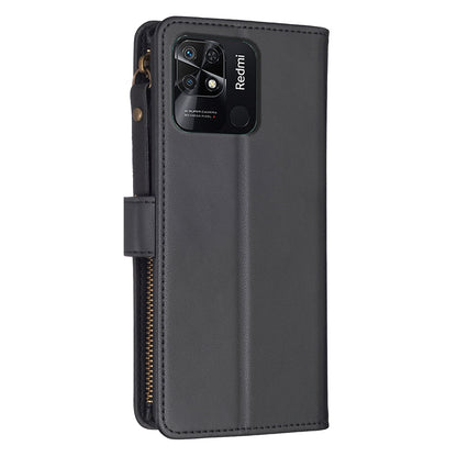 Xiaomi Redmi 10C Leather Flip Phone Case with Zipper Wallet and 9 Card Slots, Durable PU + TPU Material