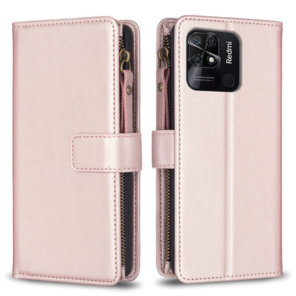 Xiaomi Redmi 10C Leather Flip Phone Case with Zipper Wallet and 9 Card Slots, Durable PU + TPU Material