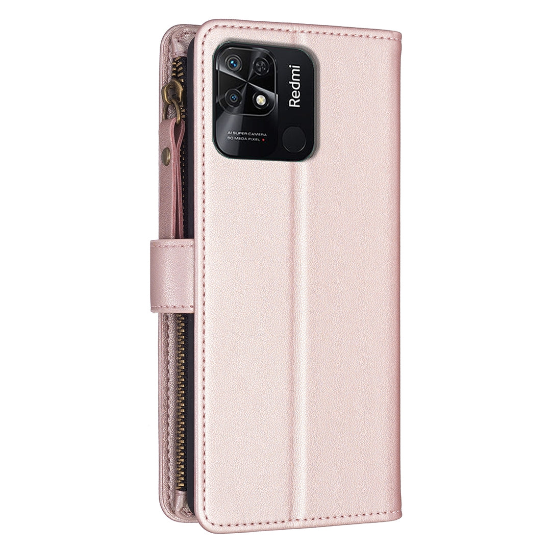 Xiaomi Redmi 10C Leather Flip Phone Case with Zipper Wallet and 9 Card Slots, Durable PU + TPU Material