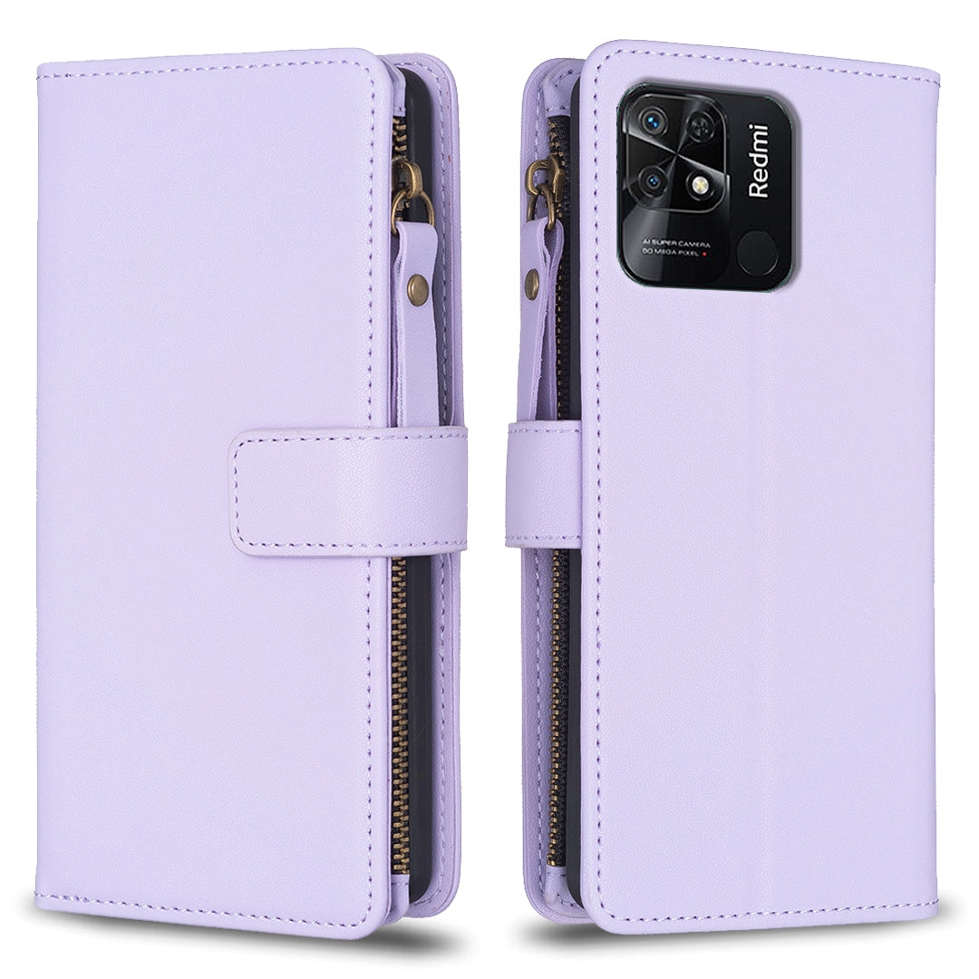 Xiaomi Redmi 10C Leather Flip Phone Case with Zipper Wallet and 9 Card Slots, Durable PU + TPU Material