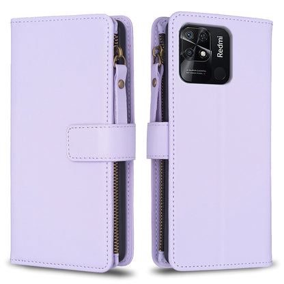 Xiaomi Redmi 10C Leather Flip Phone Case with Zipper Wallet and 9 Card Slots, Durable PU + TPU Material