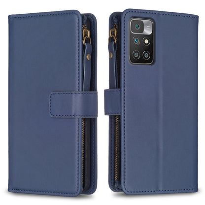 Xiaomi Redmi 10 Leather Flip Phone Case with Zipper Wallet and 9 Card Slots, Durable PU + TPU Material