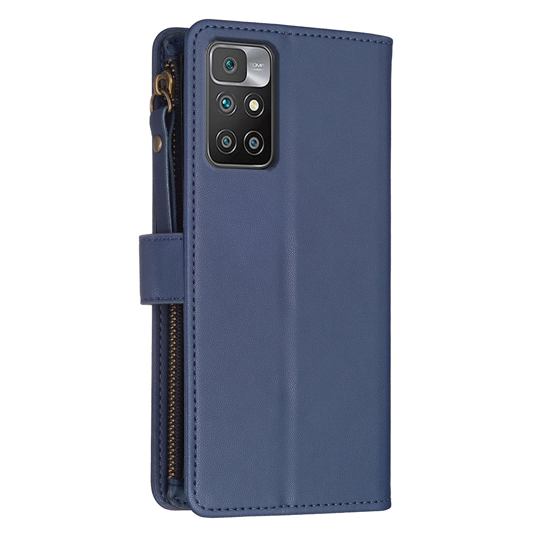 Xiaomi Redmi 10 Leather Flip Phone Case with Zipper Wallet and 9 Card Slots, Durable PU + TPU Material