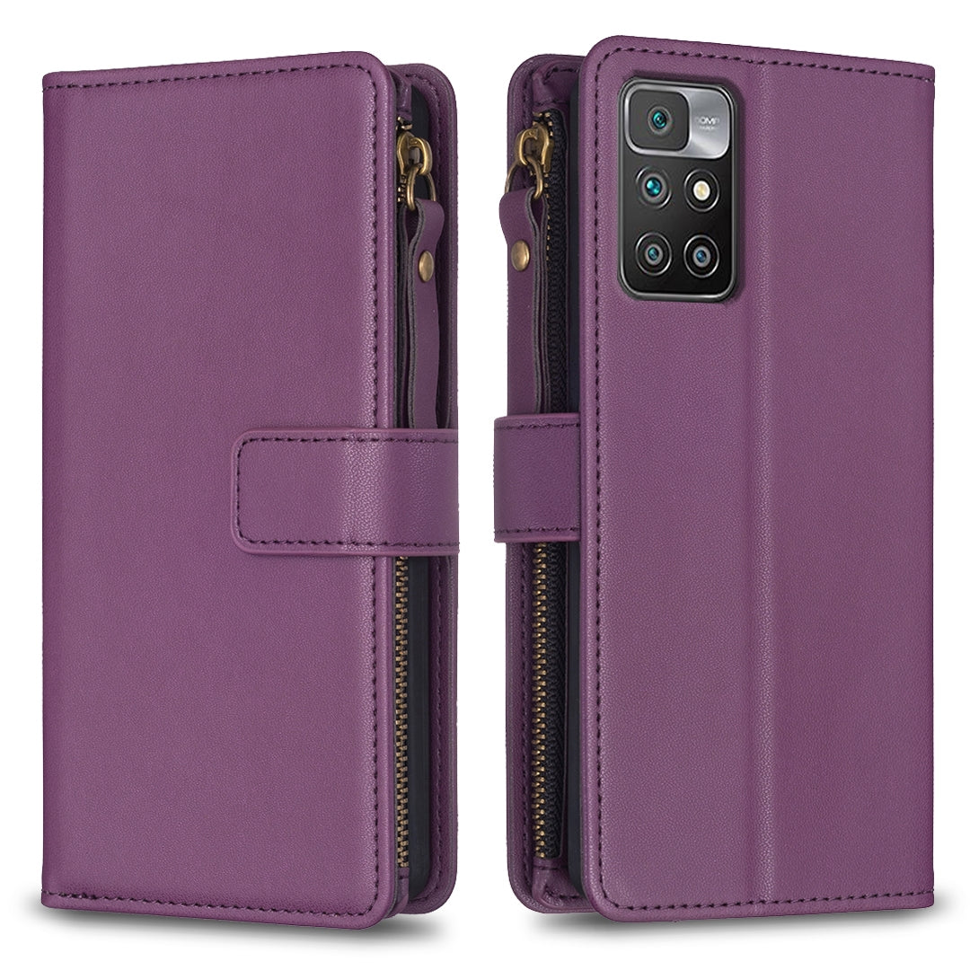 Xiaomi Redmi 10 Leather Flip Phone Case with Zipper Wallet and 9 Card Slots, Durable PU + TPU Material