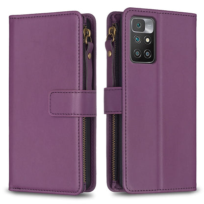 Xiaomi Redmi 10 Leather Flip Phone Case with Zipper Wallet and 9 Card Slots, Durable PU + TPU Material