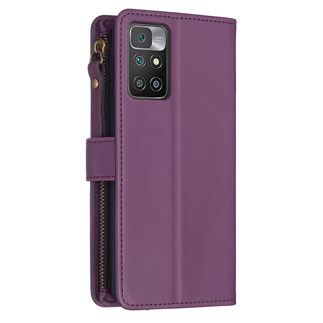 Xiaomi Redmi 10 Leather Flip Phone Case with Zipper Wallet and 9 Card Slots, Durable PU + TPU Material